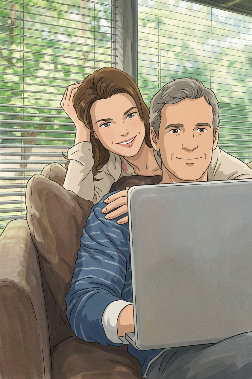 The hosts of Spark Growth, on the couch with a laptop.